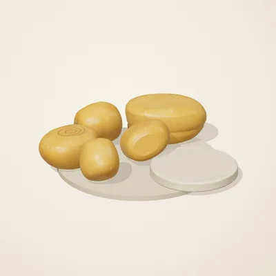 The six parts of Baltic Amber No. 2 in a loose pile on a round stand