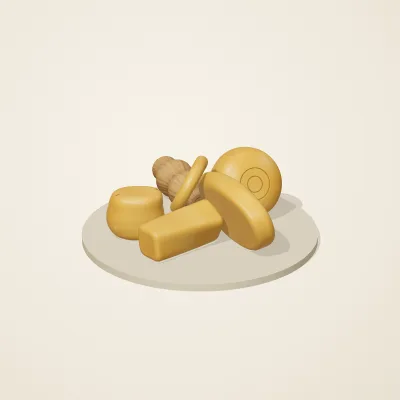 The six parts of Baltic Amber No. 11 in a loose pile on a round stand