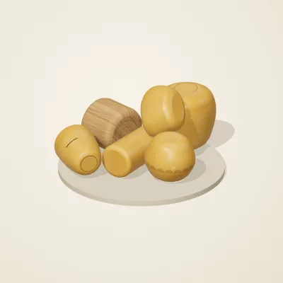 The six parts of Baltic Amber No. 24 in a loose pile on a round stand