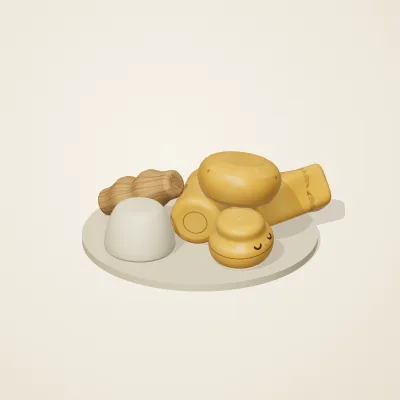 The six parts of Baltic Amber No. 27 in a loose pile on a round stand