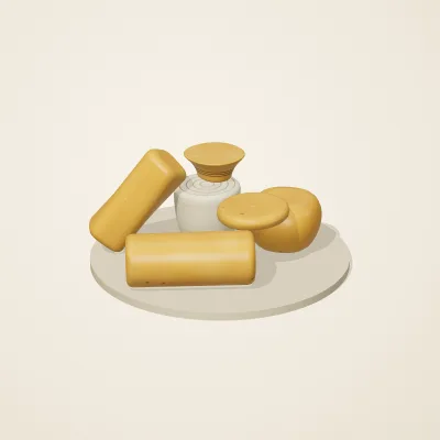 The six parts of Baltic Amber No. 32 in a loose pile on a round stand