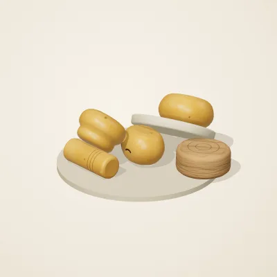 The six parts of Baltic Amber No. 33 in a loose pile on a round stand