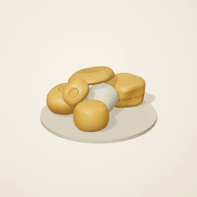 The six parts of Baltic Amber No. 39 in a loose pile on a round stand