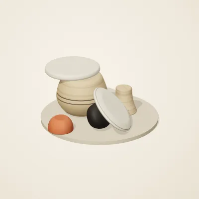 The six parts of Mediterranean Terracotta No. 1 in a loose pile on a round stand