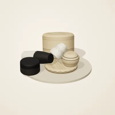 The six parts of Mediterranean Terracotta No. 2 in a loose pile on a round stand
