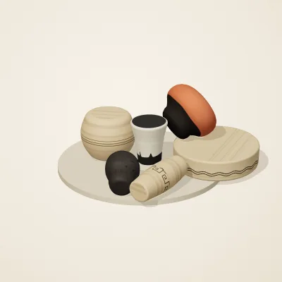 The six parts of Mediterranean Terracotta No. 3 in a loose pile on a round stand