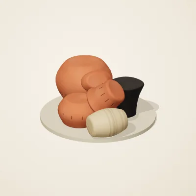 The six parts of Mediterranean Terracotta No. 4 in a loose pile on a round stand