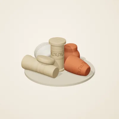 The six parts of Mediterranean Terracotta No. 5 in a loose pile on a round stand