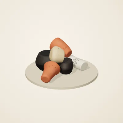 The six parts of Mediterranean Terracotta No. 6 in a loose pile on a round stand