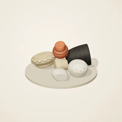 The six parts of Mediterranean Terracotta No. 8 in a loose pile on a round stand
