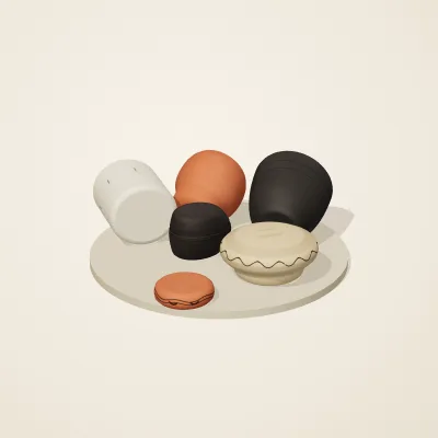 The six parts of Mediterranean Terracotta No. 9 in a loose pile on a round stand