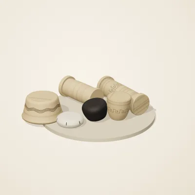 The six parts of Mediterranean Terracotta No. 10 in a loose pile on a round stand
