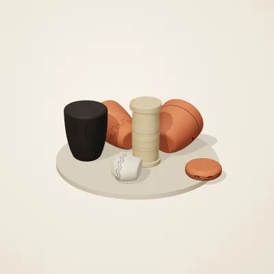 The six parts of Mediterranean Terracotta No. 11 in a loose pile on a round stand