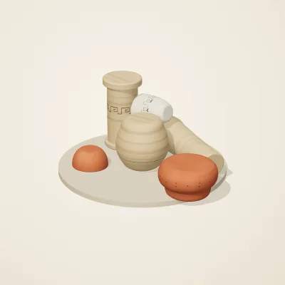 The six parts of Mediterranean Terracotta No. 13 in a loose pile on a round stand