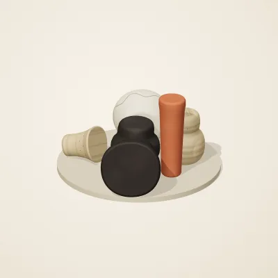 The six parts of Mediterranean Terracotta No. 14 in a loose pile on a round stand
