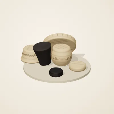 The six parts of Mediterranean Terracotta No. 18 in a loose pile on a round stand