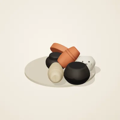 The six parts of Mediterranean Terracotta No. 19 in a loose pile on a round stand