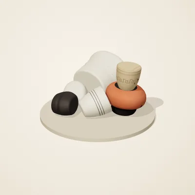 The six parts of Mediterranean Terracotta No. 20 in a loose pile on a round stand