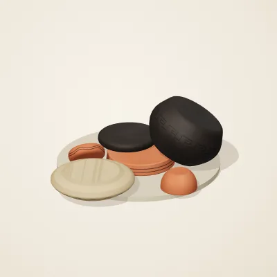 The six parts of Mediterranean Terracotta No. 21 in a loose pile on a round stand