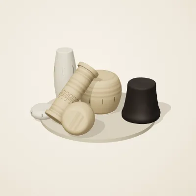 The six parts of Mediterranean Terracotta No. 22 in a loose pile on a round stand