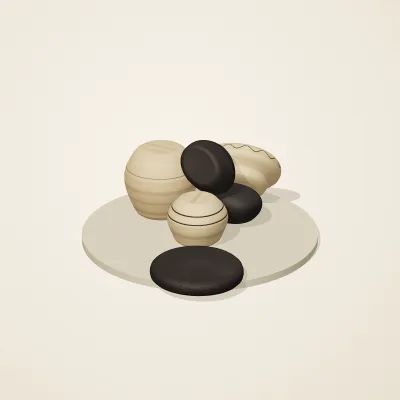 The six parts of Mediterranean Terracotta No. 23 in a loose pile on a round stand