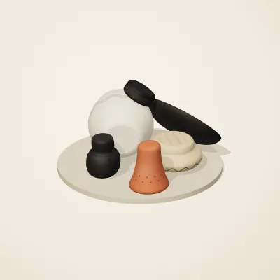 The six parts of Mediterranean Terracotta No. 25 in a loose pile on a round stand