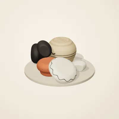 The six parts of Mediterranean Terracotta No. 29 in a loose pile on a round stand