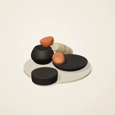 The six parts of Mediterranean Terracotta No. 30 in a loose pile on a round stand