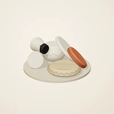 The six parts of Mediterranean Terracotta No. 31 in a loose pile on a round stand