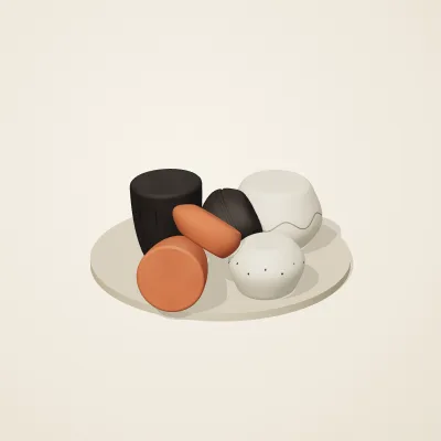 The six parts of Mediterranean Terracotta No. 32 in a loose pile on a round stand
