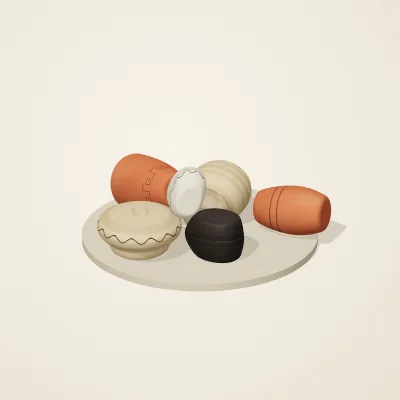 The six parts of Mediterranean Terracotta No. 33 in a loose pile on a round stand