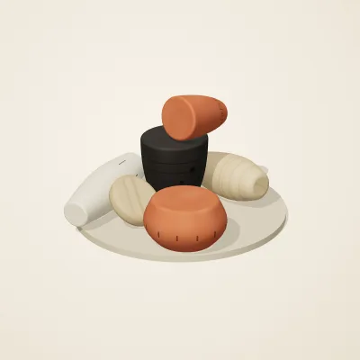 The six parts of Mediterranean Terracotta No. 36 in a loose pile on a round stand