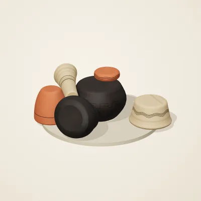 The six parts of Mediterranean Terracotta No. 38 in a loose pile on a round stand