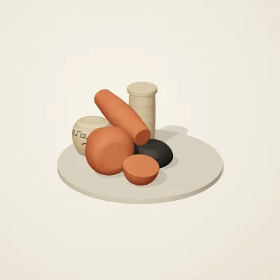 The six parts of Mediterranean Terracotta No. 39 in a loose pile on a round stand