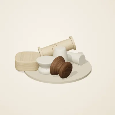 The six parts of Alpine Woodcraft No. 1 in a loose pile on a round stand