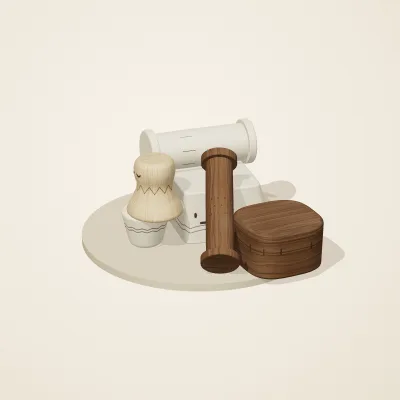 The six parts of Alpine Woodcraft No. 2 in a loose pile on a round stand