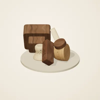 The six parts of Alpine Woodcraft No. 5 in a loose pile on a round stand