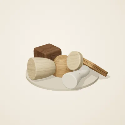 The six parts of Alpine Woodcraft No. 6 in a loose pile on a round stand