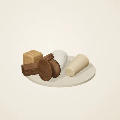 The six parts of Alpine Woodcraft No. 7 in a loose pile on a round stand
