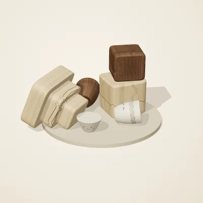 The six parts of Alpine Woodcraft No. 9 in a loose pile on a round stand