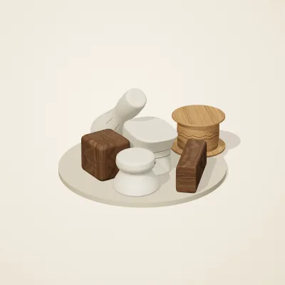 The six parts of Alpine Woodcraft No. 13 in a loose pile on a round stand