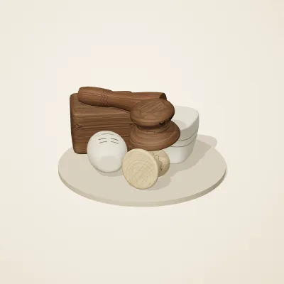 The six parts of Alpine Woodcraft No. 14 in a loose pile on a round stand