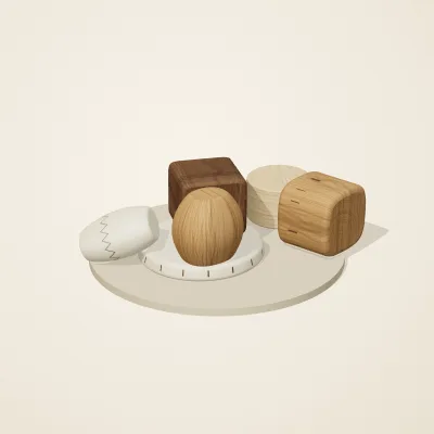 The six parts of Alpine Woodcraft No. 15 in a loose pile on a round stand