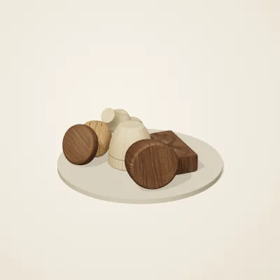 The six parts of Alpine Woodcraft No. 16 in a loose pile on a round stand