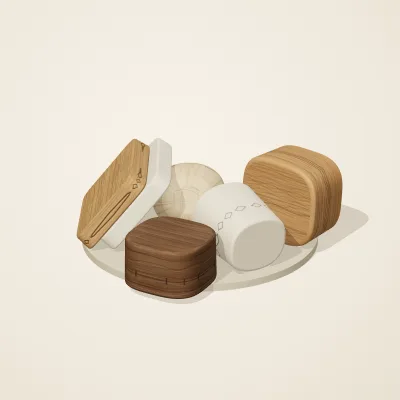 The six parts of Alpine Woodcraft No. 18 in a loose pile on a round stand