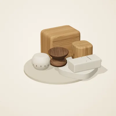 The six parts of Alpine Woodcraft No. 19 in a loose pile on a round stand
