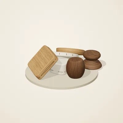 The six parts of Alpine Woodcraft No. 22 in a loose pile on a round stand