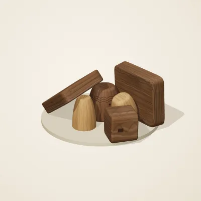 The six parts of Alpine Woodcraft No. 23 in a loose pile on a round stand