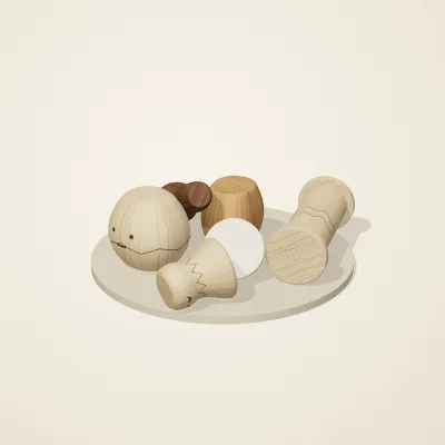 The six parts of Alpine Woodcraft No. 27 in a loose pile on a round stand
