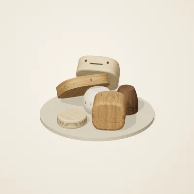 The six parts of Alpine Woodcraft No. 28 in a loose pile on a round stand